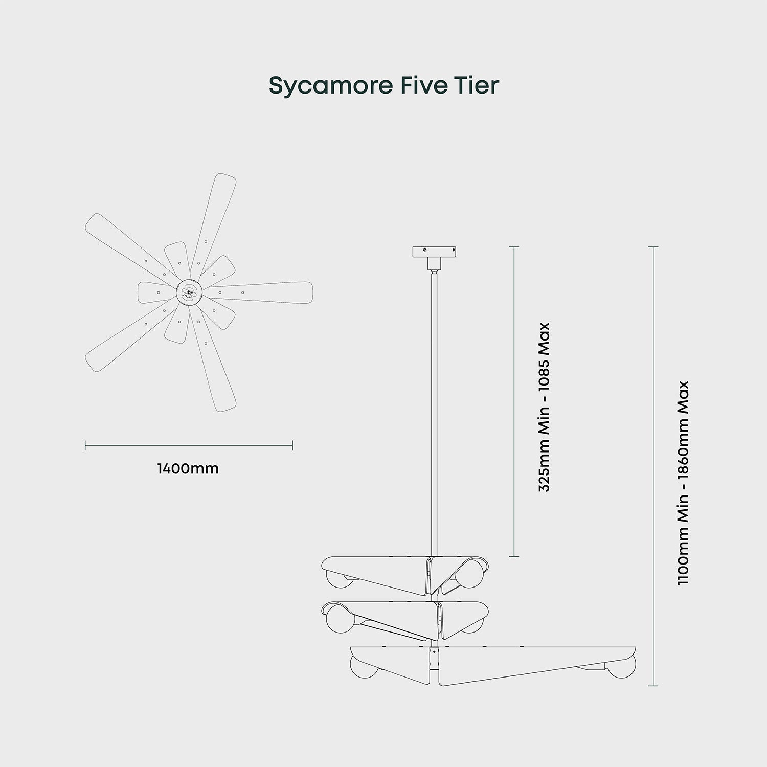 Tala Sycamore Chandelier 5 Tiers in Dawn Grey dimensions diagram