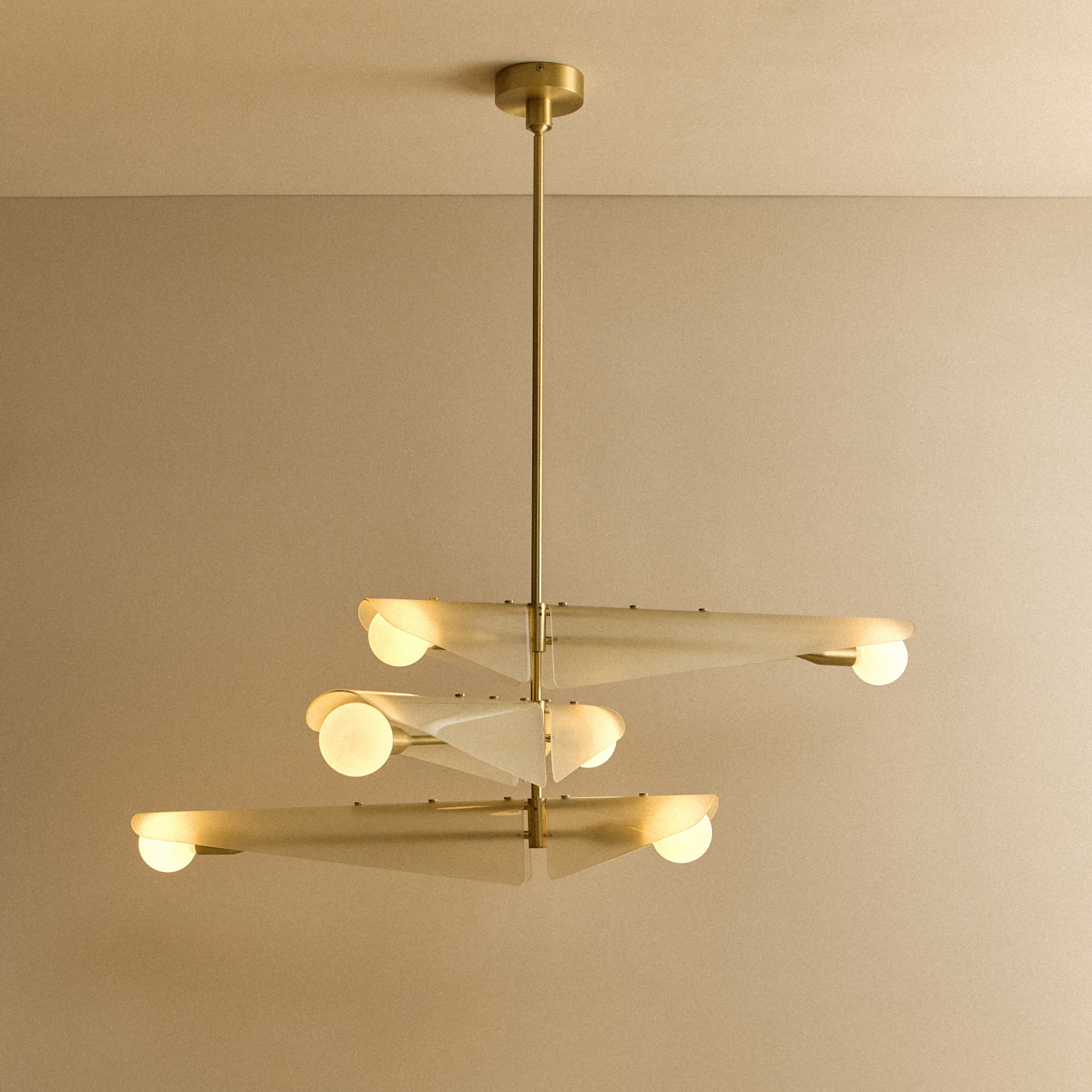 Tala Sycamore Chandelier 3 Tiers in Dusk Pink shown illuminated