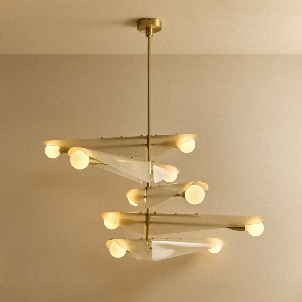 Tala Sycamore Chandelier 5 Tiers in Dusk Pink shown illuminated