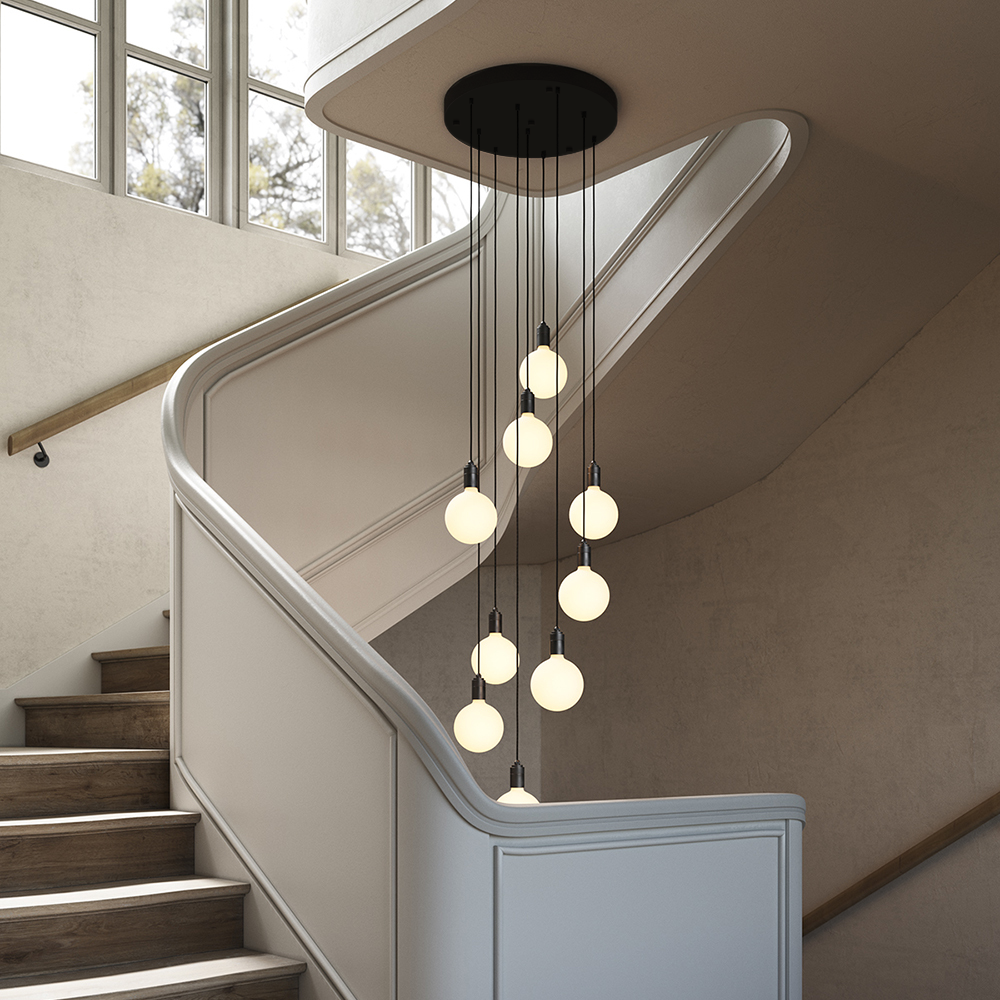 Tala Nine Pendant in Graphite + Sphere IV in a styled interior setting