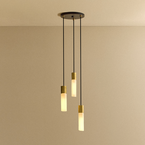 Tala Basalt Triple Pendant in Brass shown illuminated