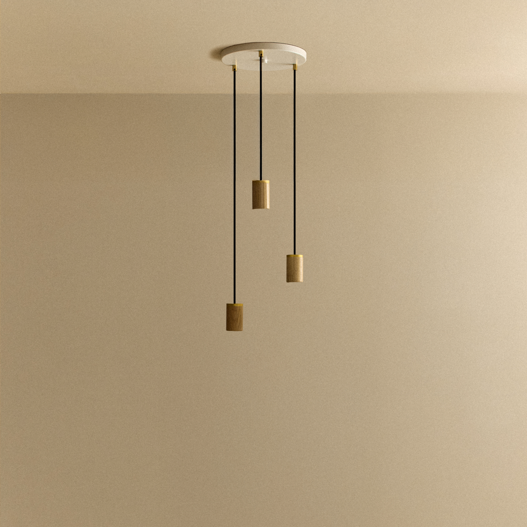 Tala Triple Pendant in Oak - White Canopy fixture shown without a bulb