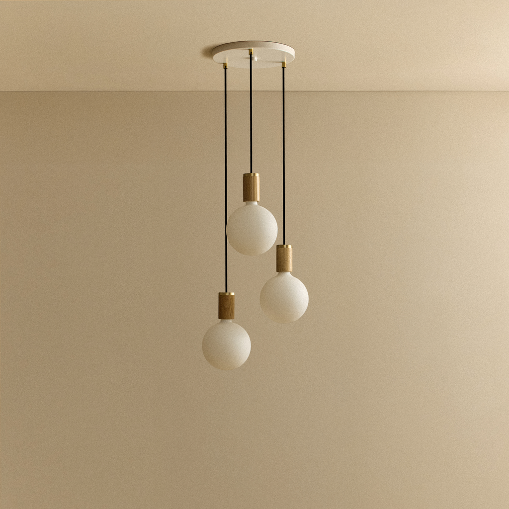 Tala Triple Pendant in Oak + Sphere IV shown unlit