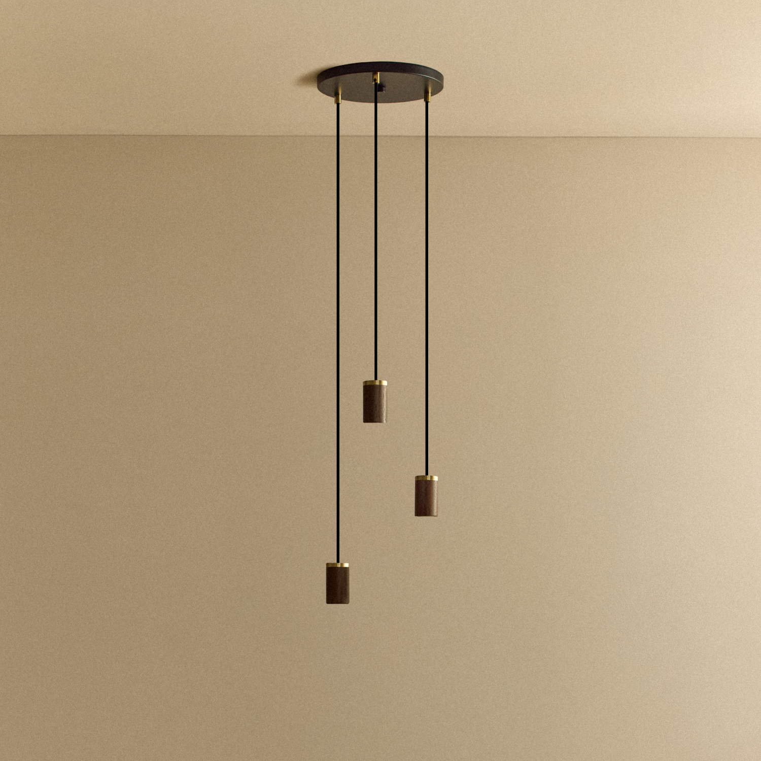 Tala Triple Pendant in Walnut - Black Canopy fixture shown without a bulb