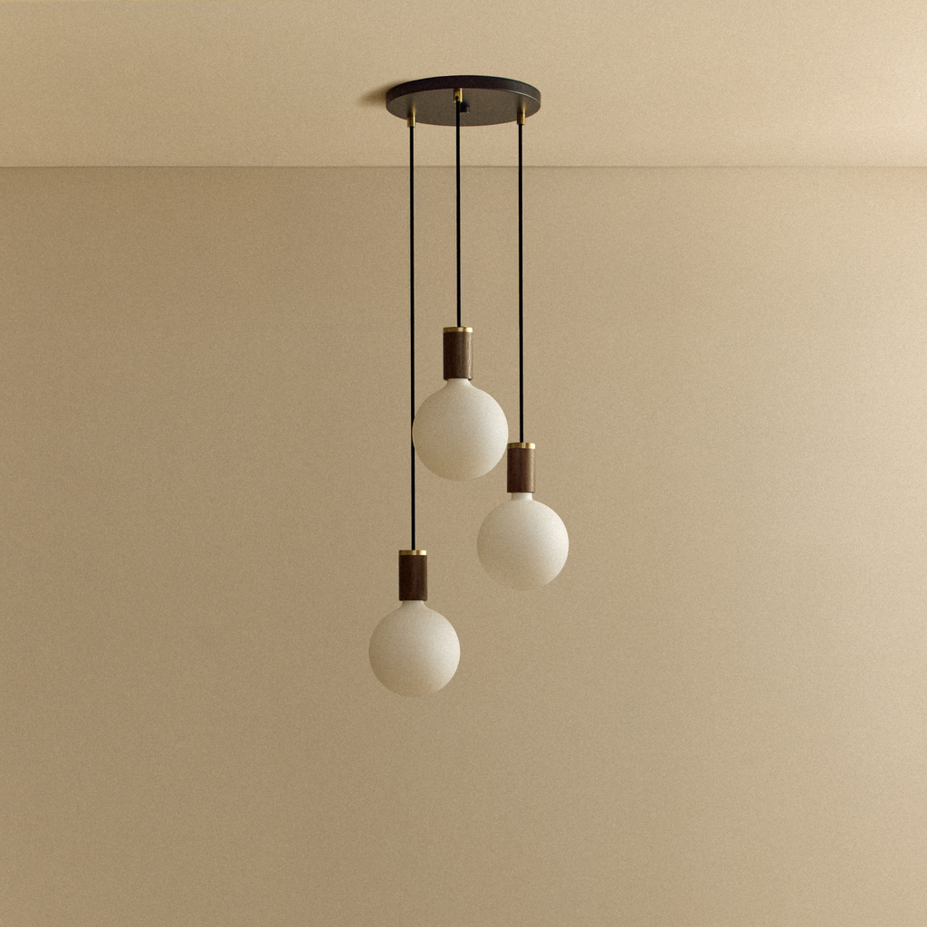 Tala Triple Pendant in Walnut + Sphere IV shown unlit