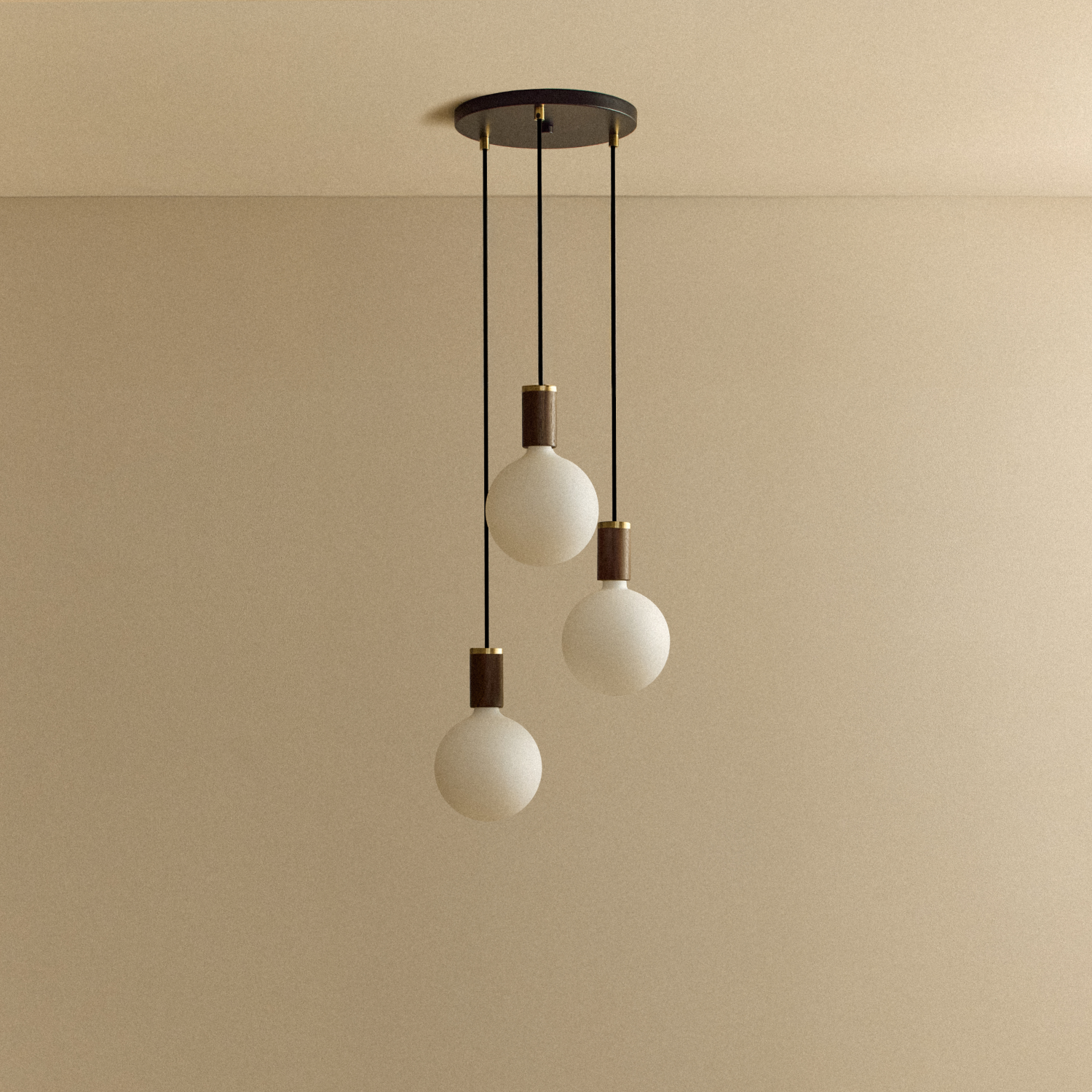 Tala Triple Pendant in Walnut + Sphere IV shown unlit