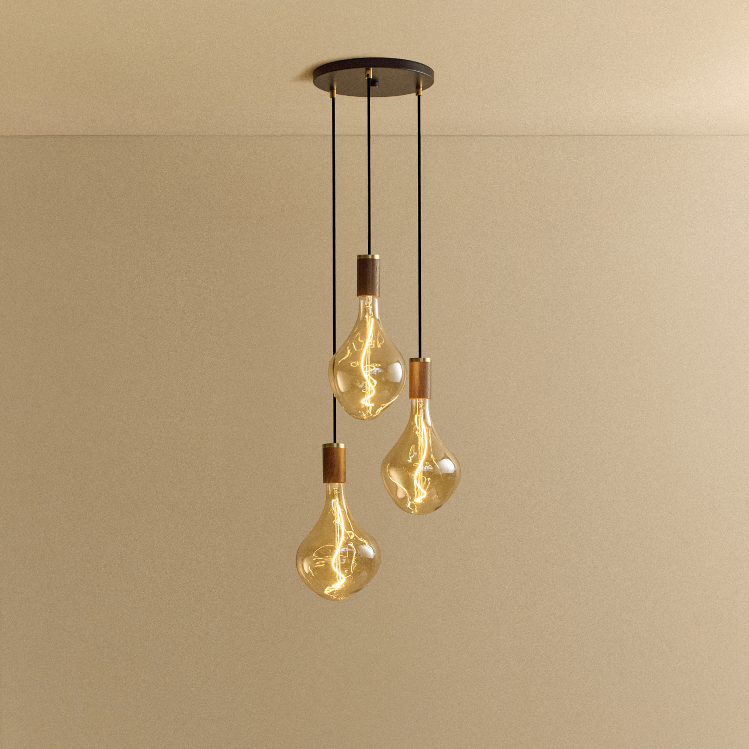 Tala Triple Pendant in Walnut + Voronoi II shown illuminated
