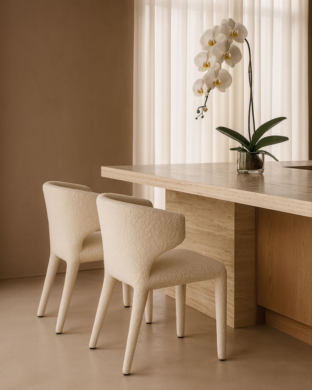Tommy Franks Vela dining chair in Chex Polar bouclé