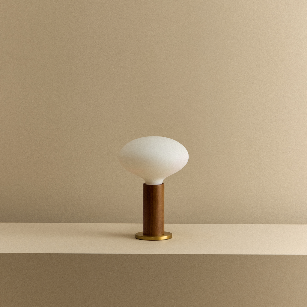 Tala Knuckle Table Lamp in Walnut + Oval shown unlit