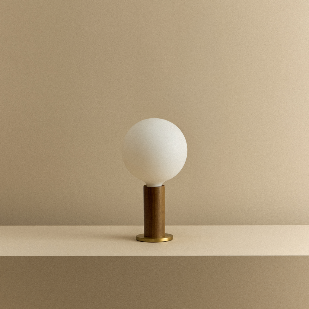 Tala Knuckle Table Lamp in Walnut + Sphere IV shown unlit