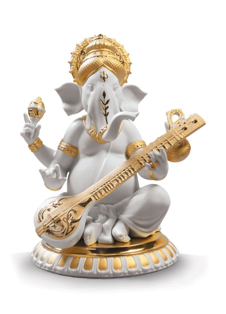 Lladro Veena Ganesha Figurine Golden Lustre