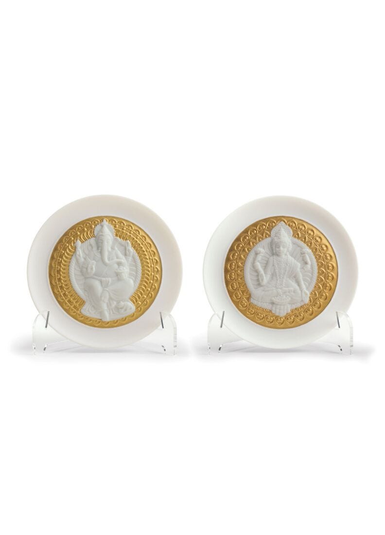 Lladro Goddess Lakshmi and Lord Ganesha Plates Set Golden Lustre