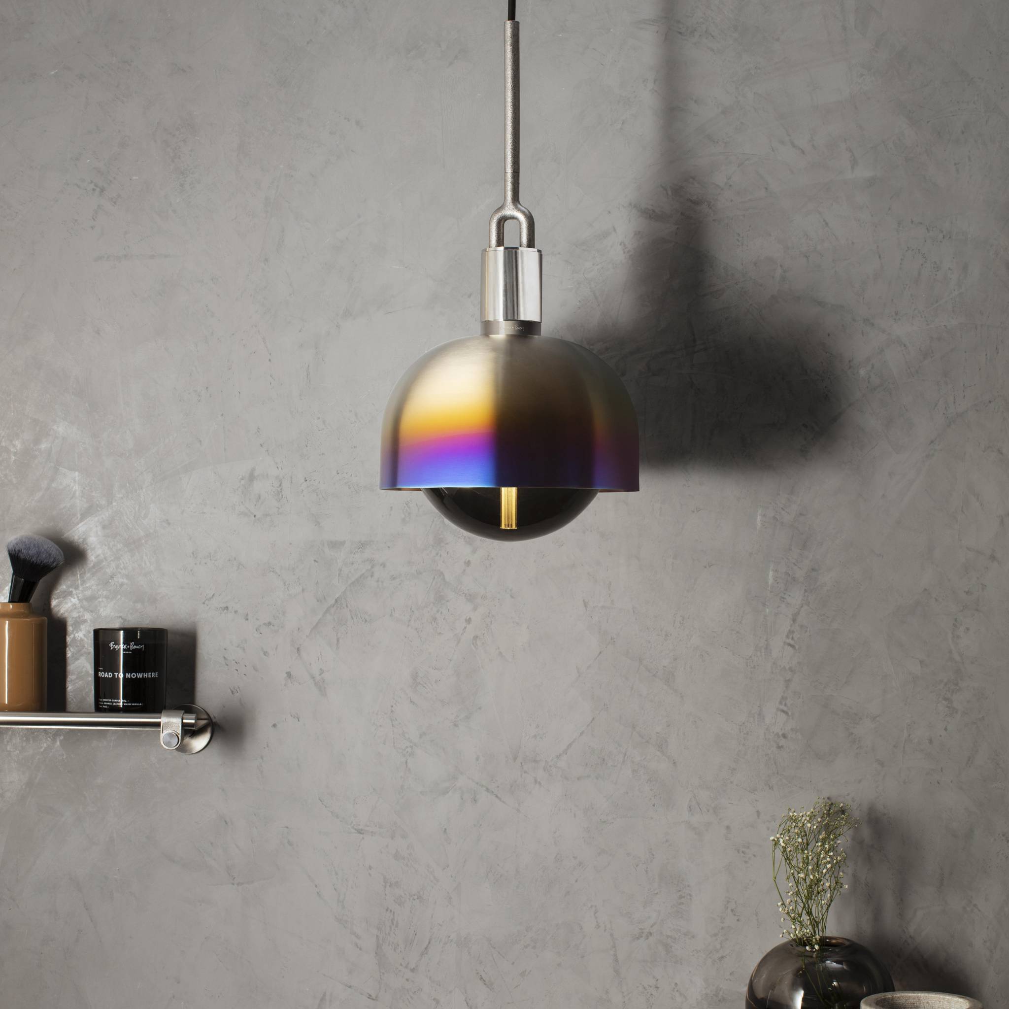 Buster + Punch Forked Pendant Shade + Globe in a bedroom