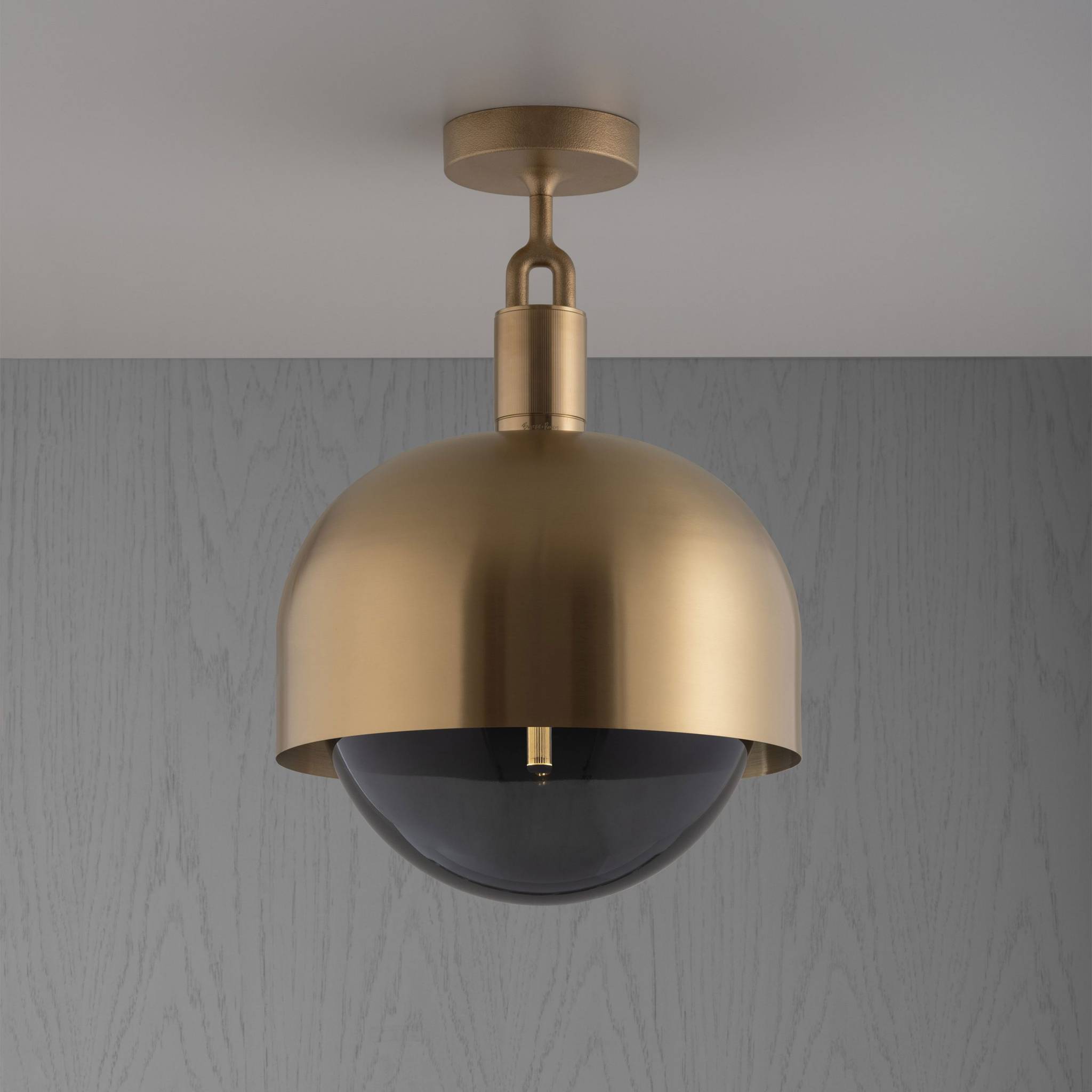 Buster + Punch Forked Ceiling Light Metal Shade & Smoked Glass Globe, Large Brass luxury ceiling light by Araco Interiors