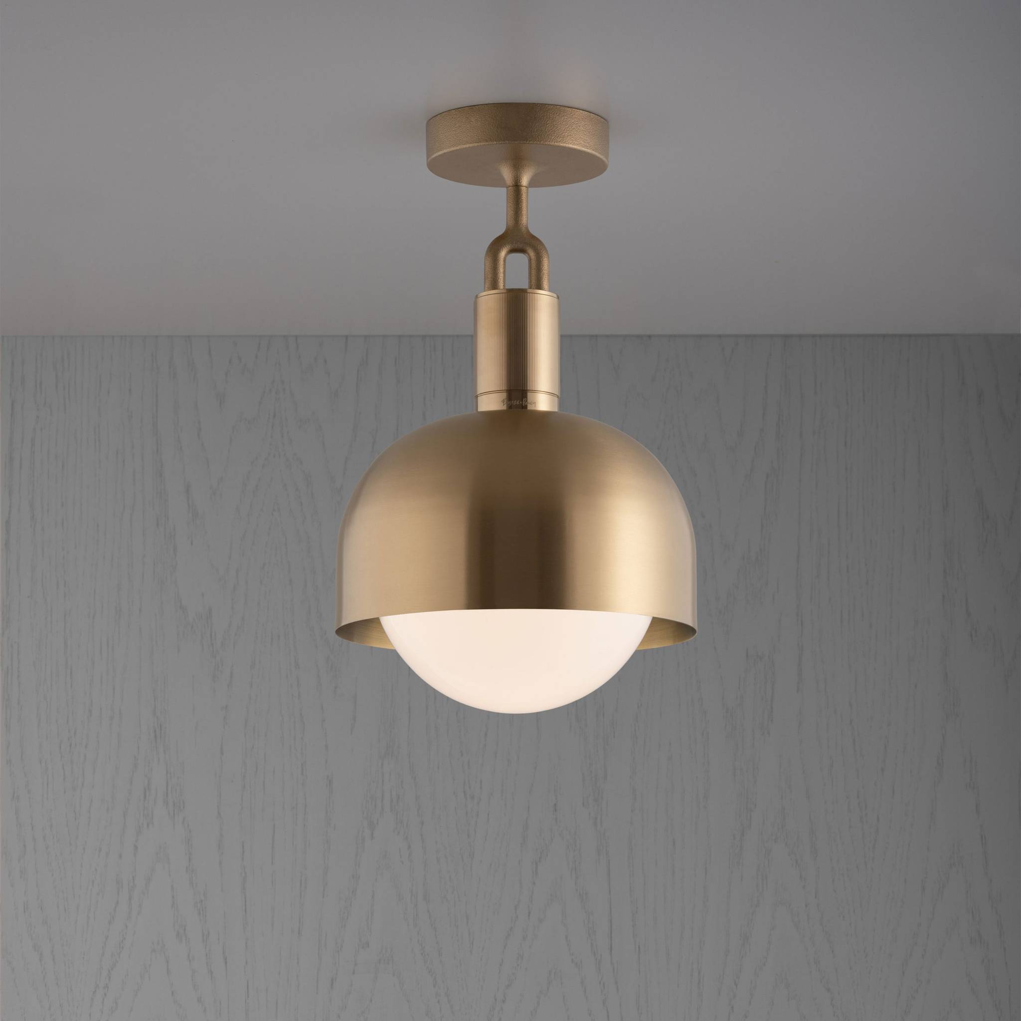 Buster + Punch Forked Ceiling Light Metal Shade & Opal Glass Globe, Medium Brass luxury ceiling light by Araco Interiors
