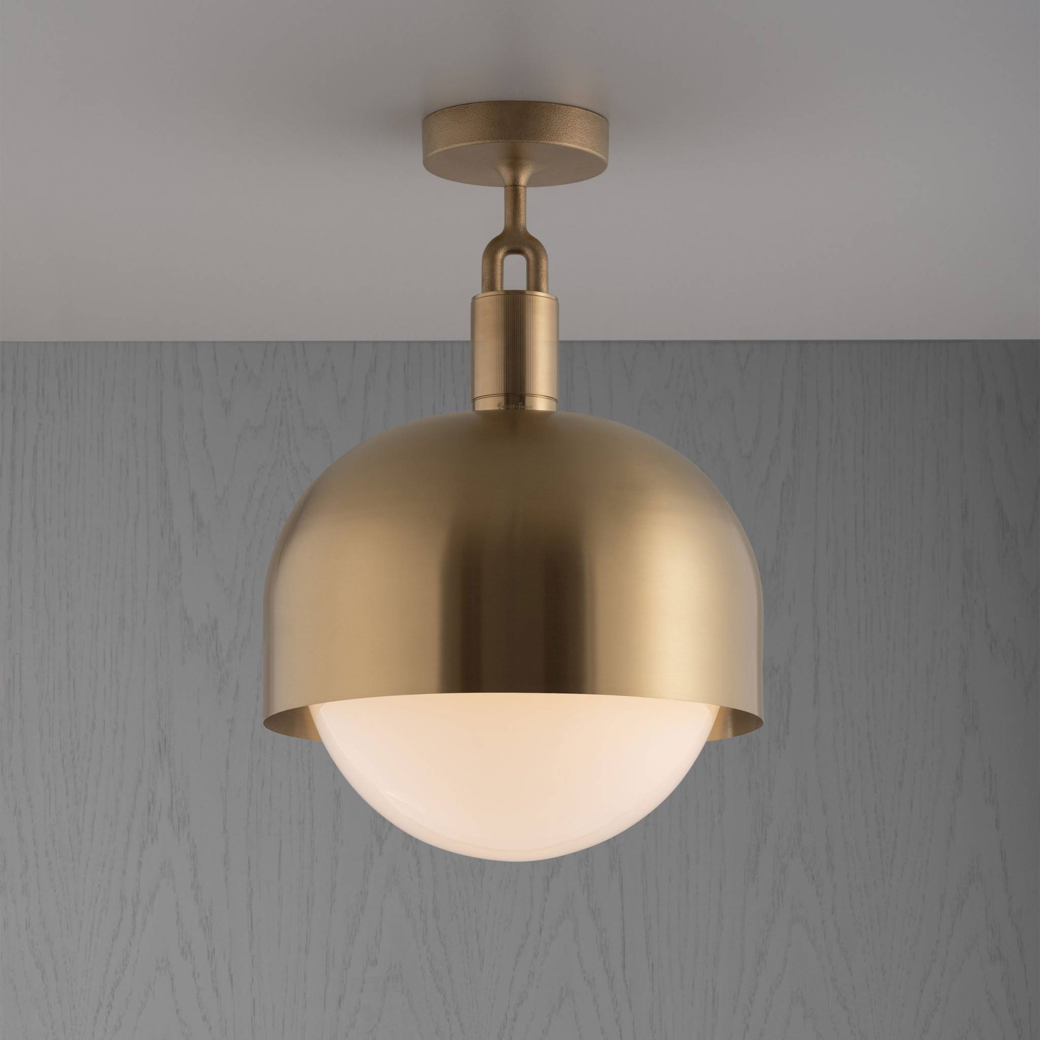 Buster + Punch Forked Ceiling Light Metal Shade & Opal Glass Globe, Large Brass luxury ceiling light by Araco Interiors