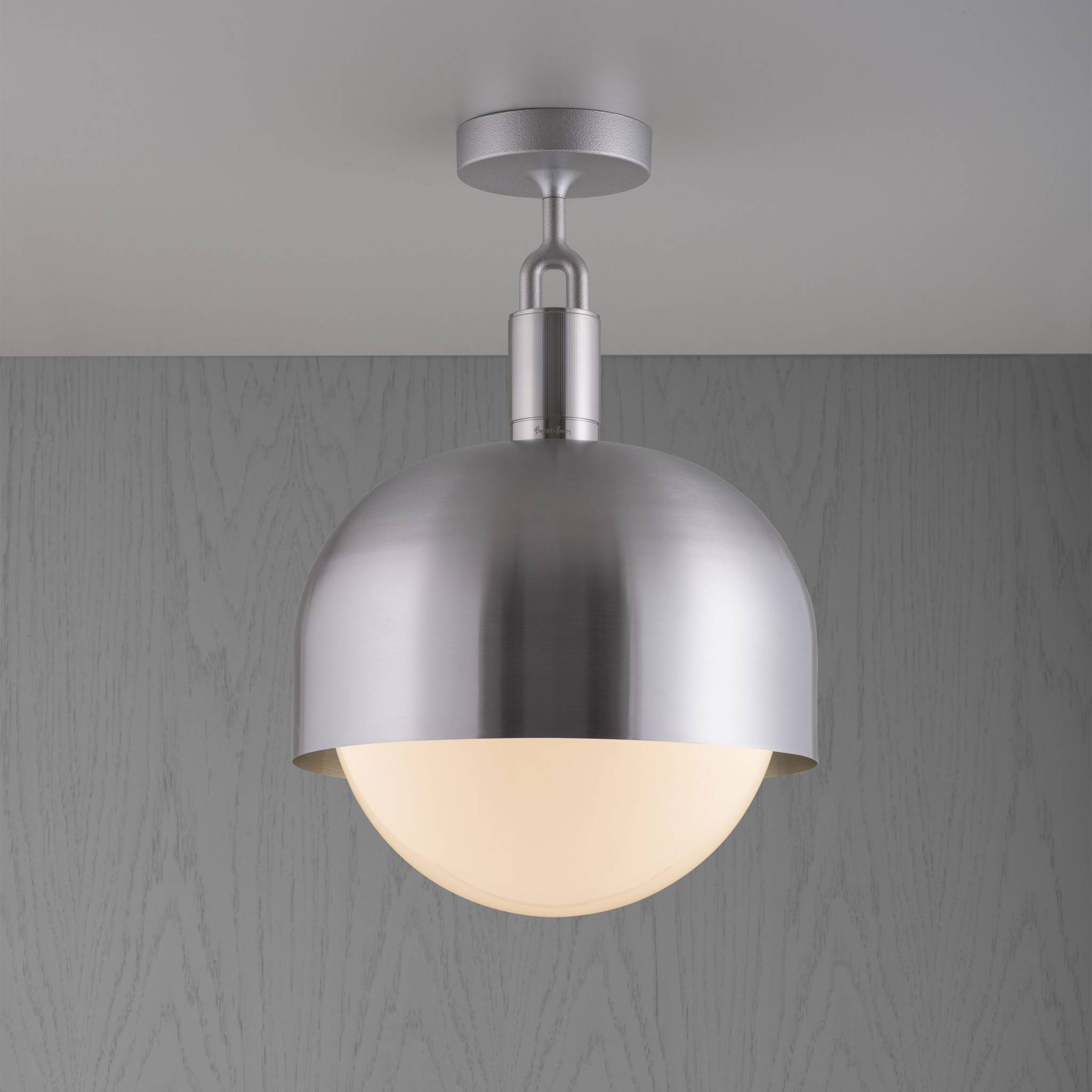 Buster + Punch Forked Ceiling Light Metal Shade & Opal Glass Globe, Large Steel luxury ceiling light by Araco Interiors