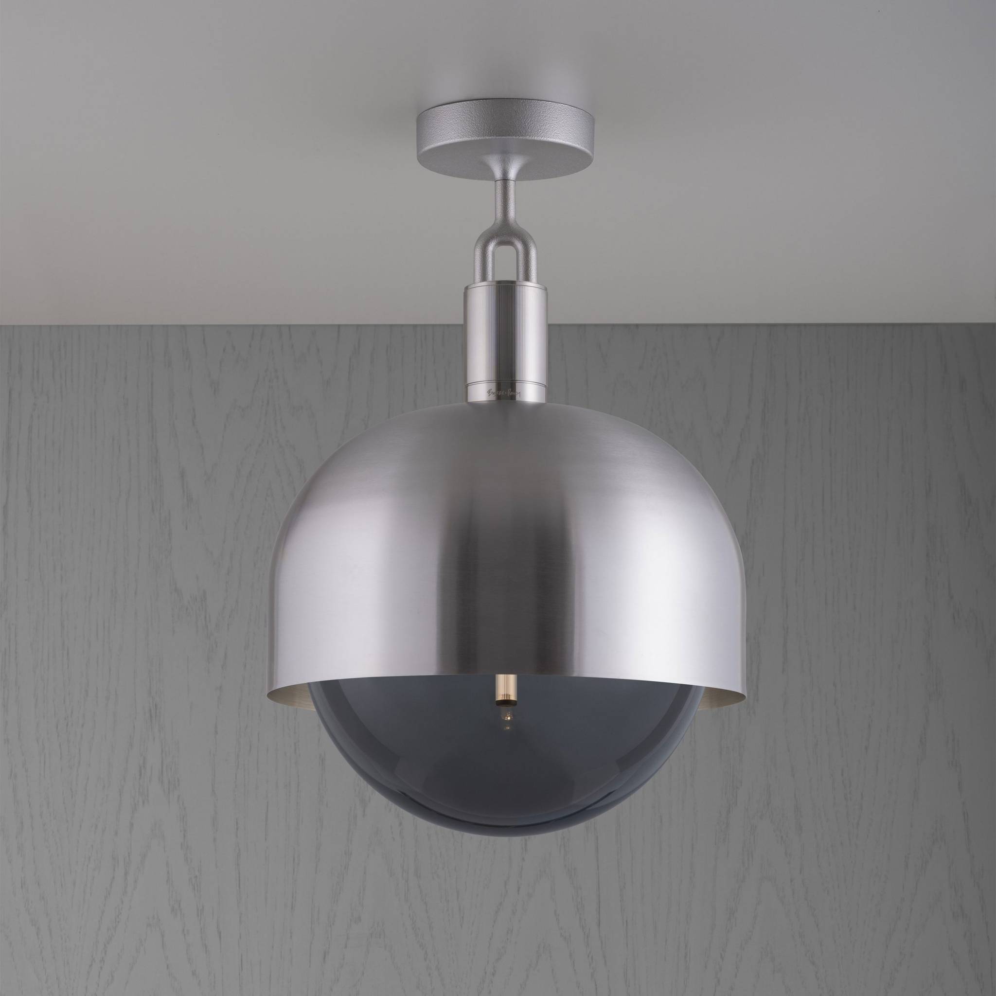 Buster + Punch Forked Ceiling Light Metal Shade & Smoked Glass Globe, Large Steel luxury ceiling light by Araco Interiors
