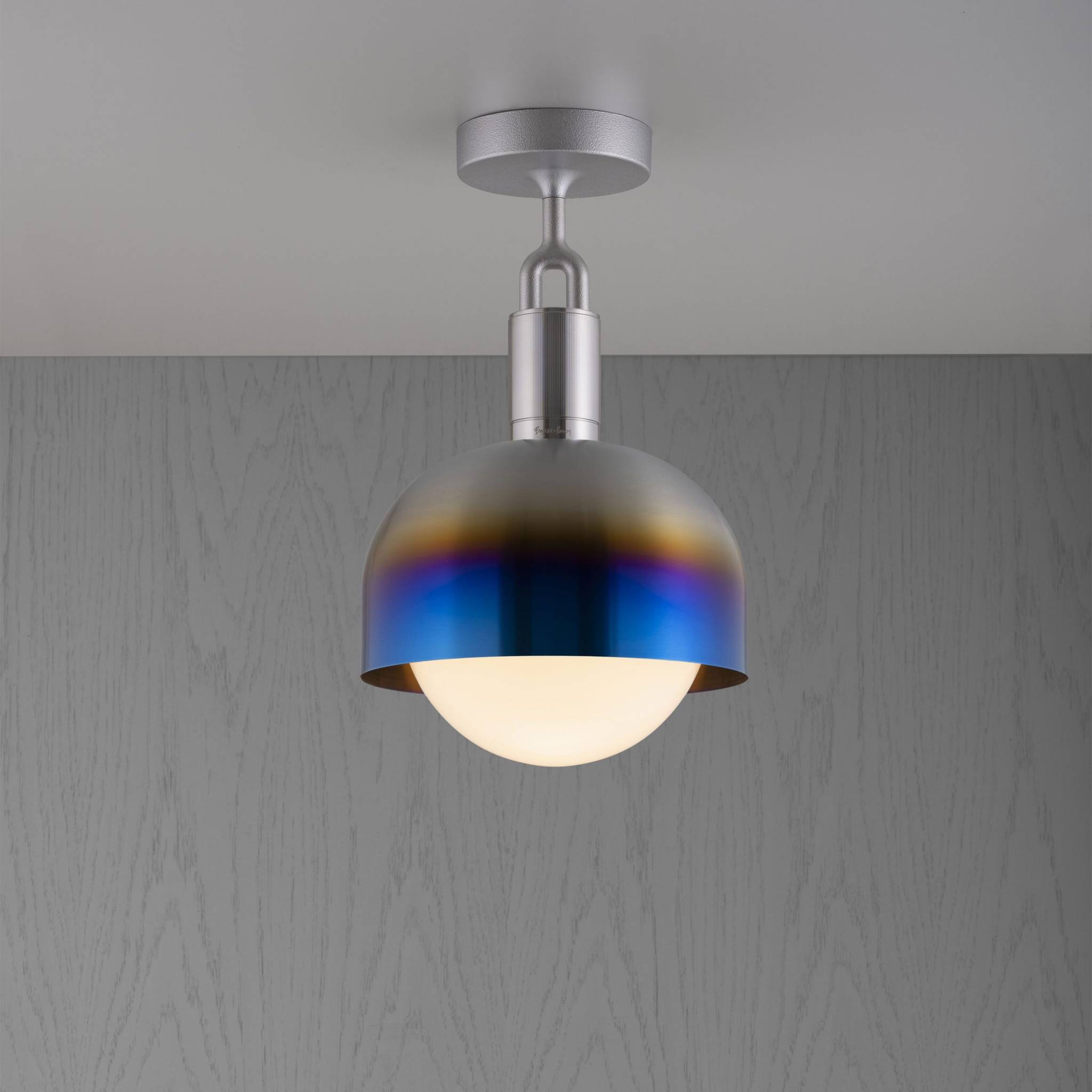 Buster + Punch Forked Ceiling Light Metal Shade & Opal Glass Globe, Medium Burnt Steel luxury ceiling light by Araco Interiors