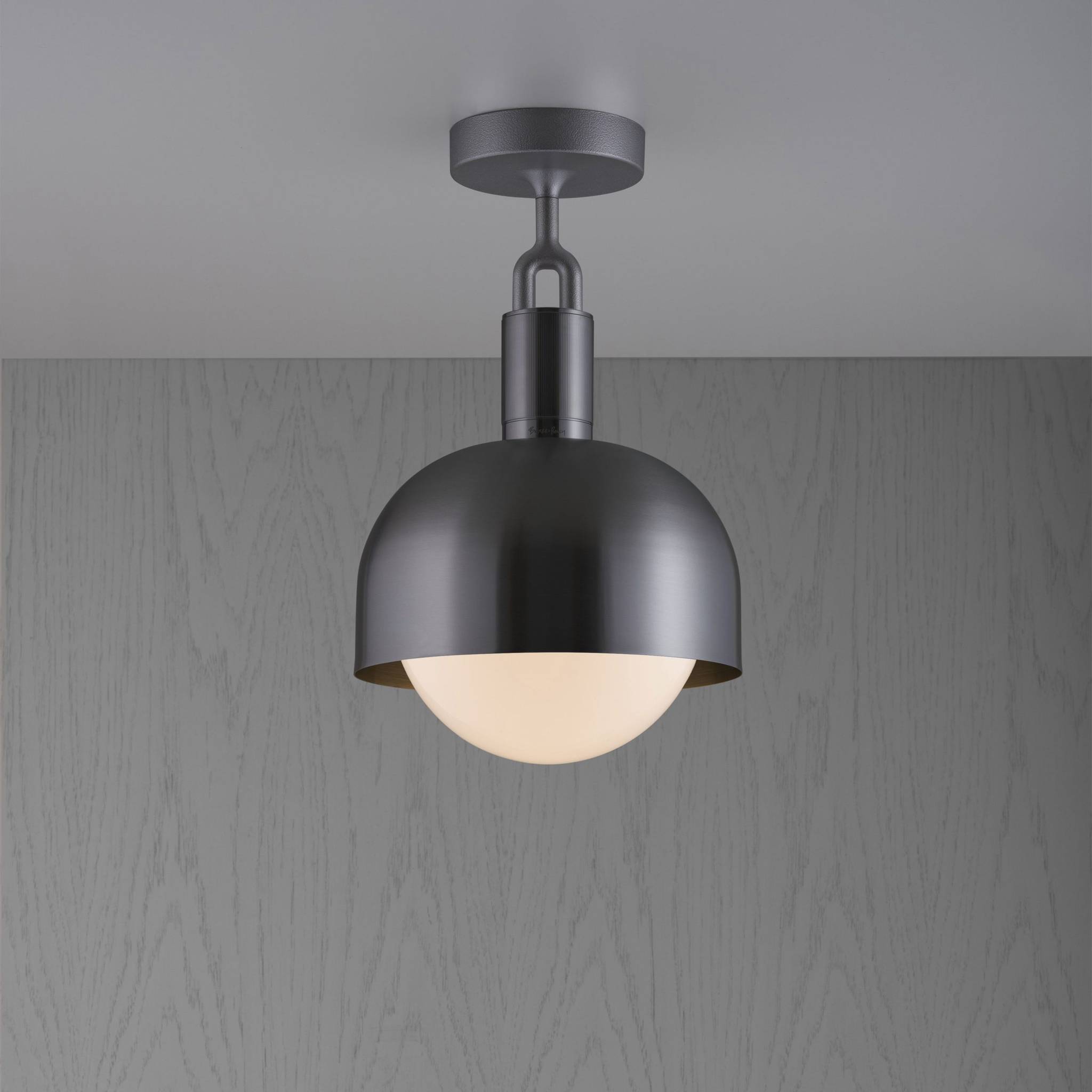 Buster + Punch Forked Ceiling Light Metal Shade & Opal Glass Globe, Medium Gun Metal luxury ceiling light by Araco Interiors