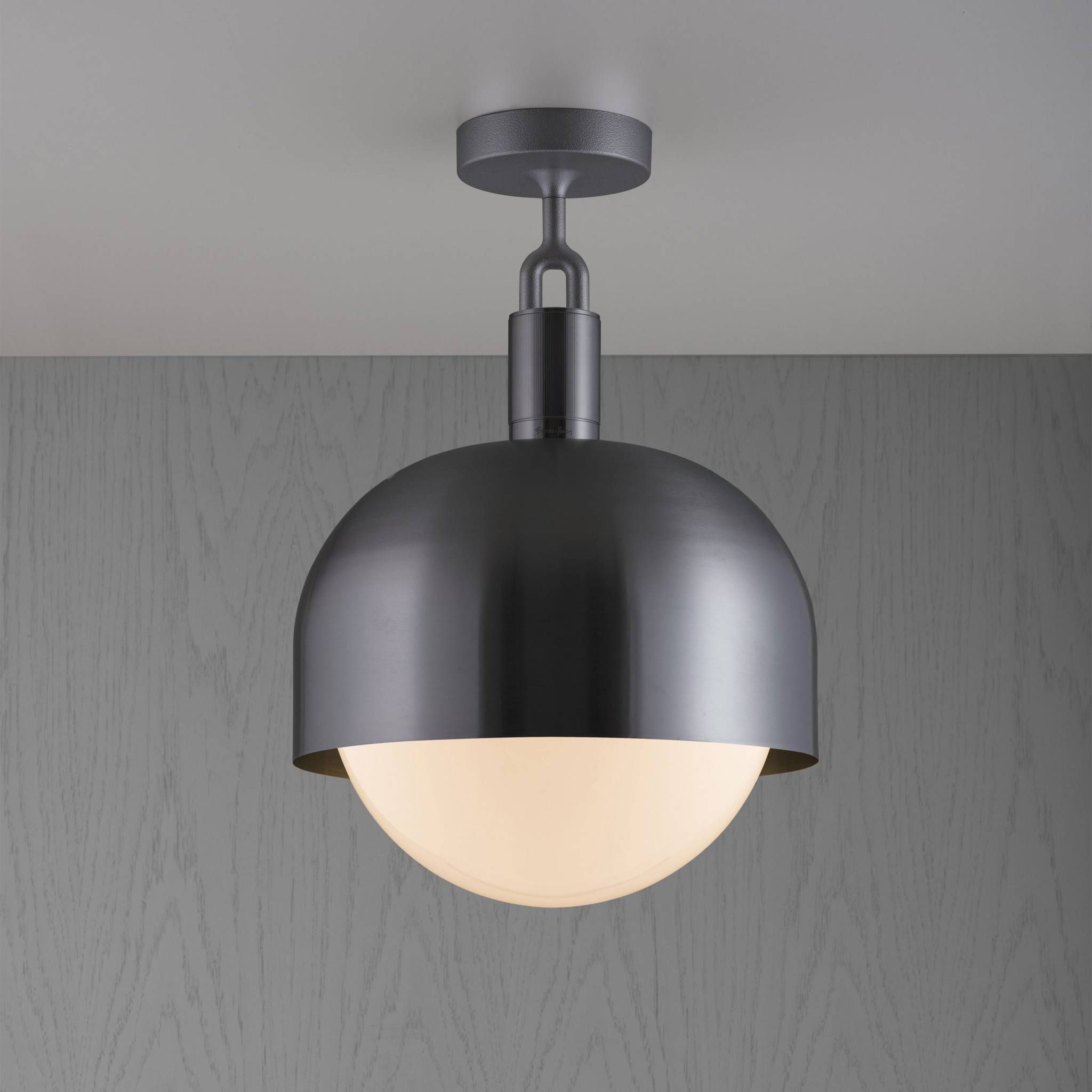 Buster + Punch Forked Ceiling Light Metal Shade & Opal Glass Globe, Large Gun Metal luxury ceiling light by Araco Interiors