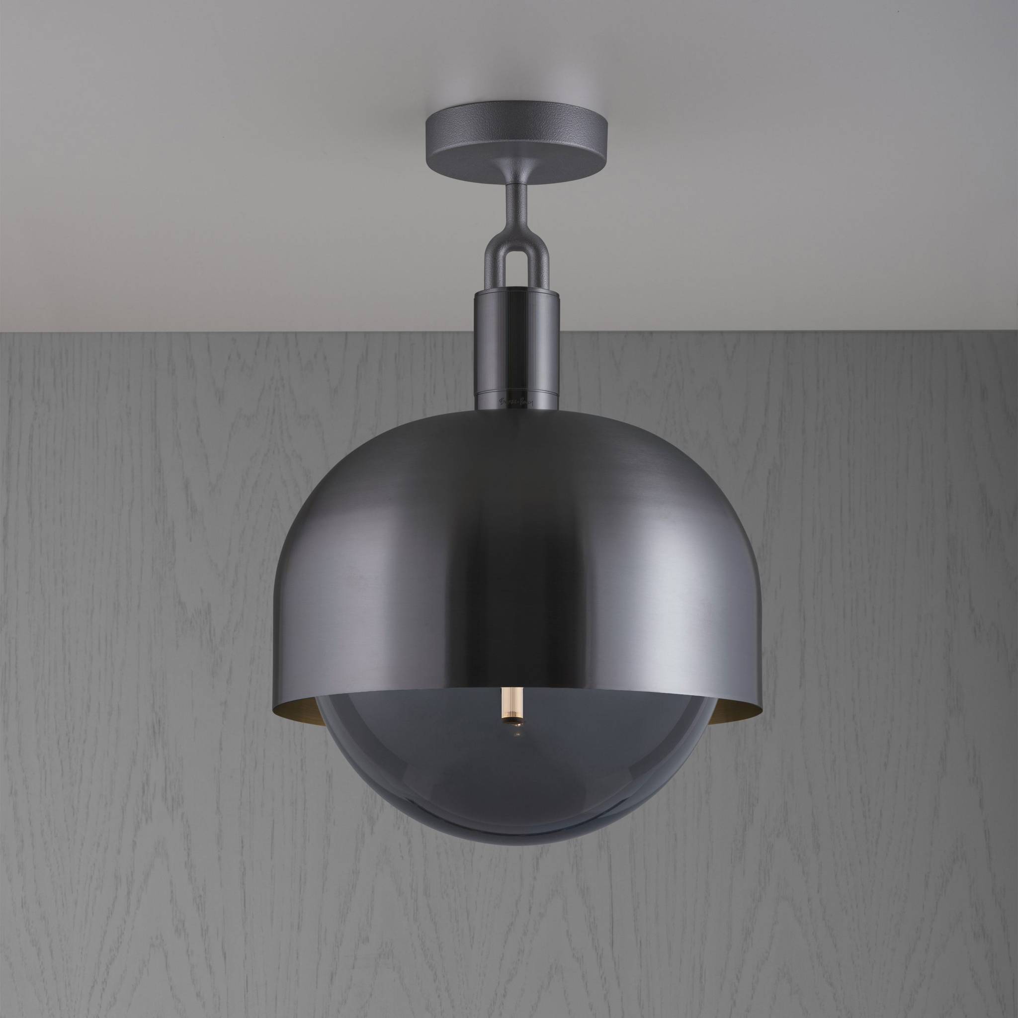 Buster + Punch Forked Ceiling Light Metal Shade & Smoked Glass Globe, Large Gun Metal luxury ceiling light by Araco Interiors