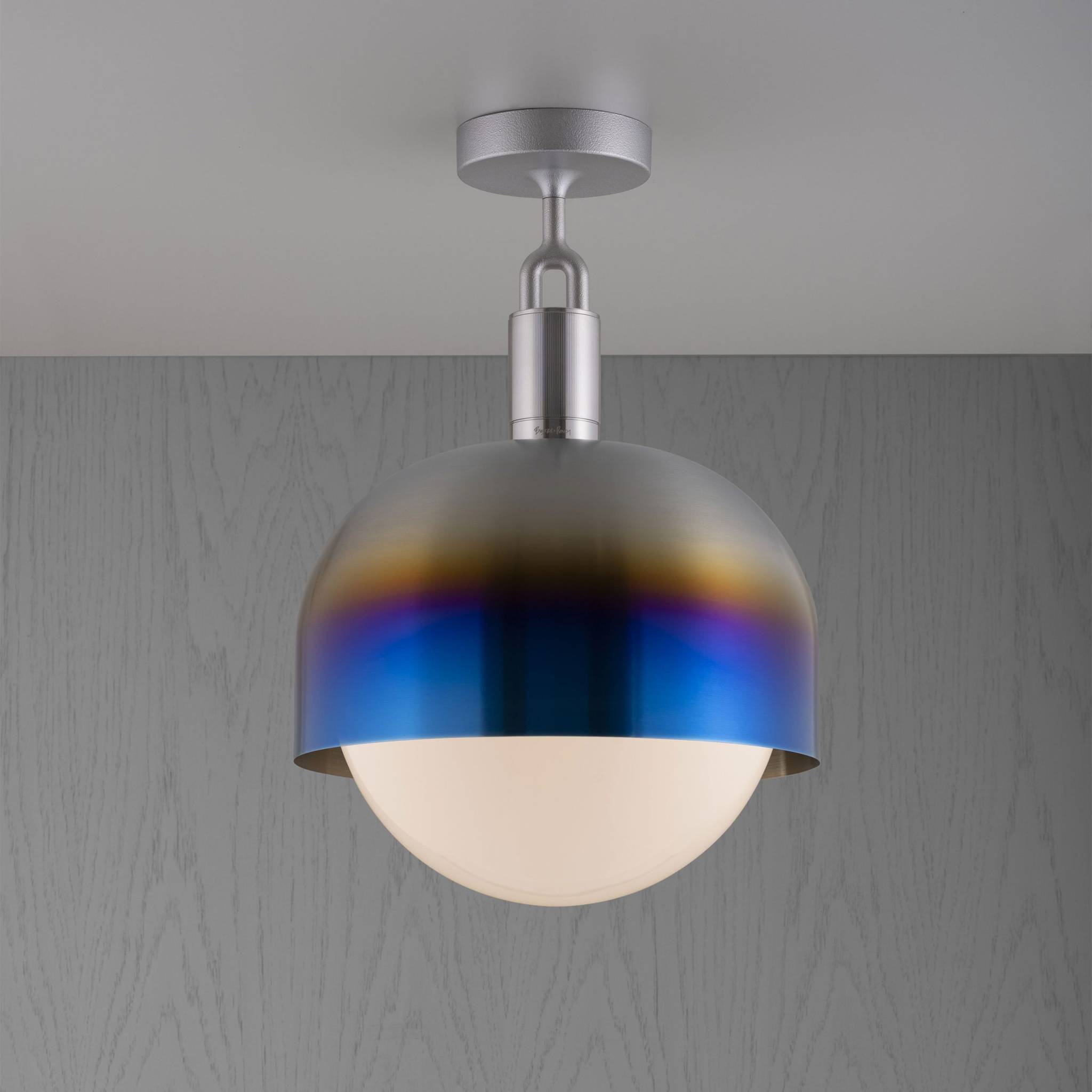 Buster + Punch Forked Ceiling Light Metal Shade & Opal Glass Globe, Large Burnt Steel luxury ceiling light by Araco Interiors