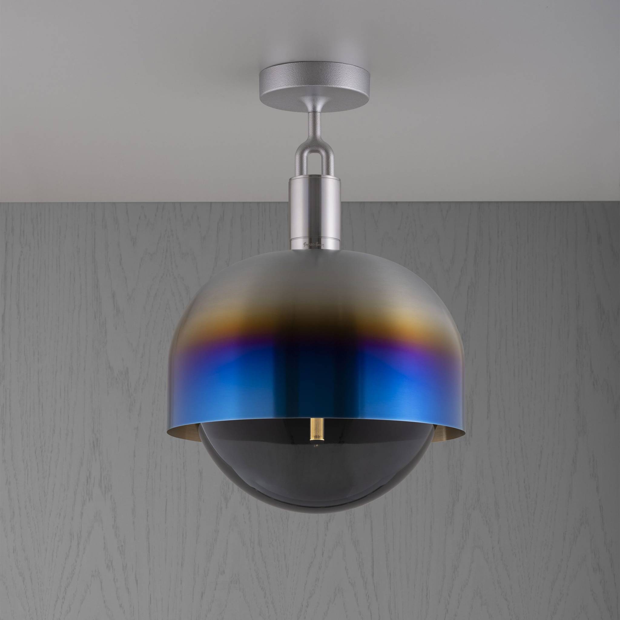 Buster + Punch Forked Ceiling Light Metal Shade & Smoked Glass Globe, Large Burnt Steel luxury ceiling light by Araco Interiors