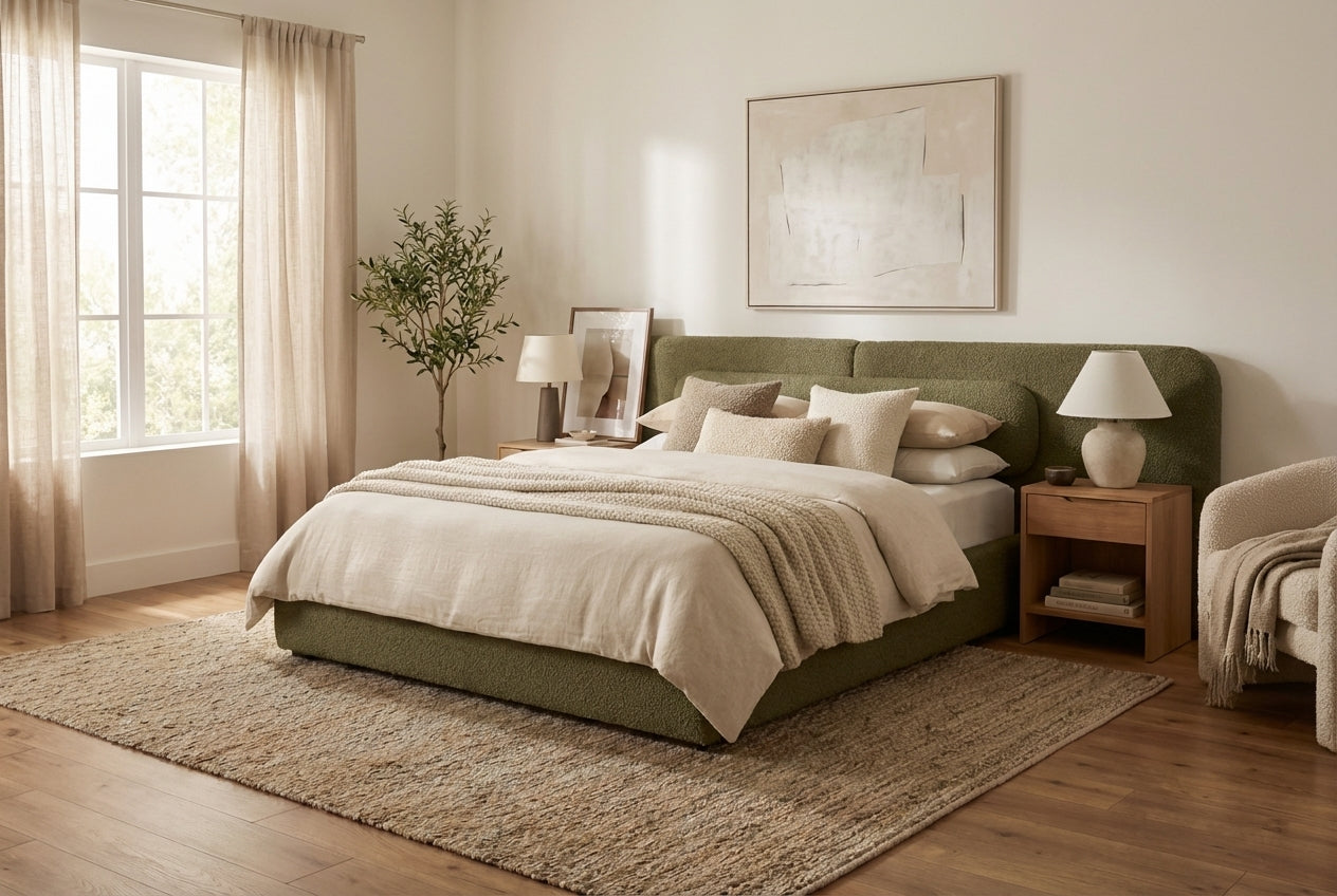Araco Atelier Nova upholstered bed in Laurel fabric