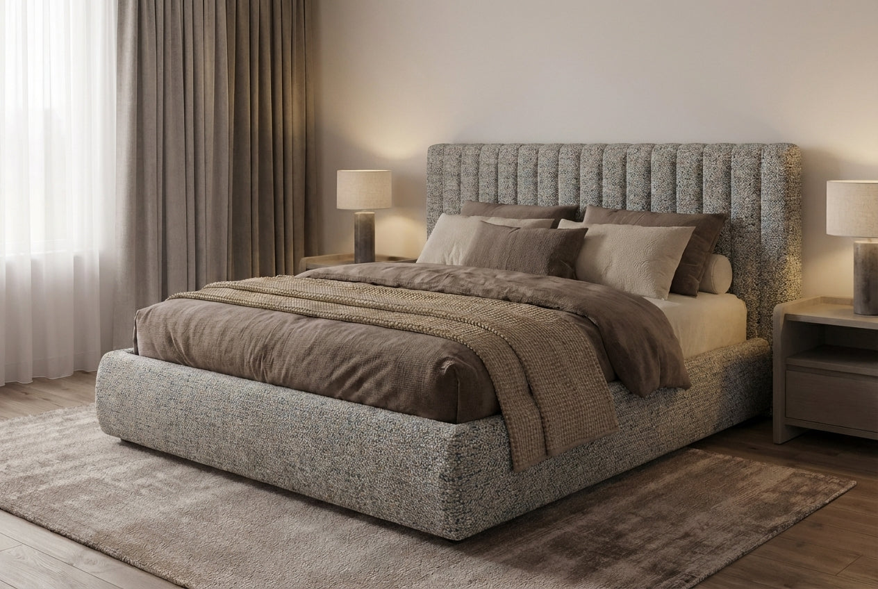 Araco Atelier Haven upholstered bed in Speckle fabric