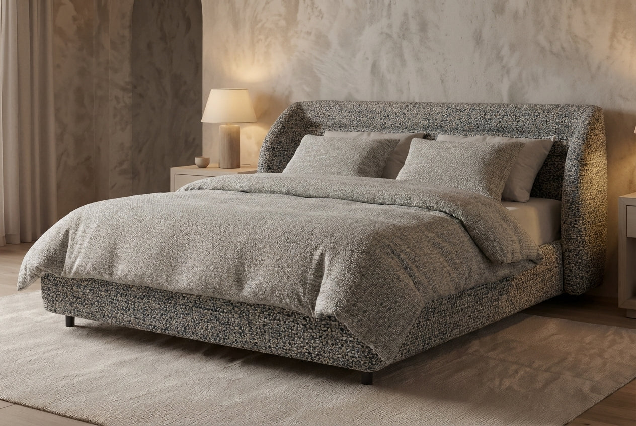 Araco Atelier Drift upholstered bed in Speckle fabric