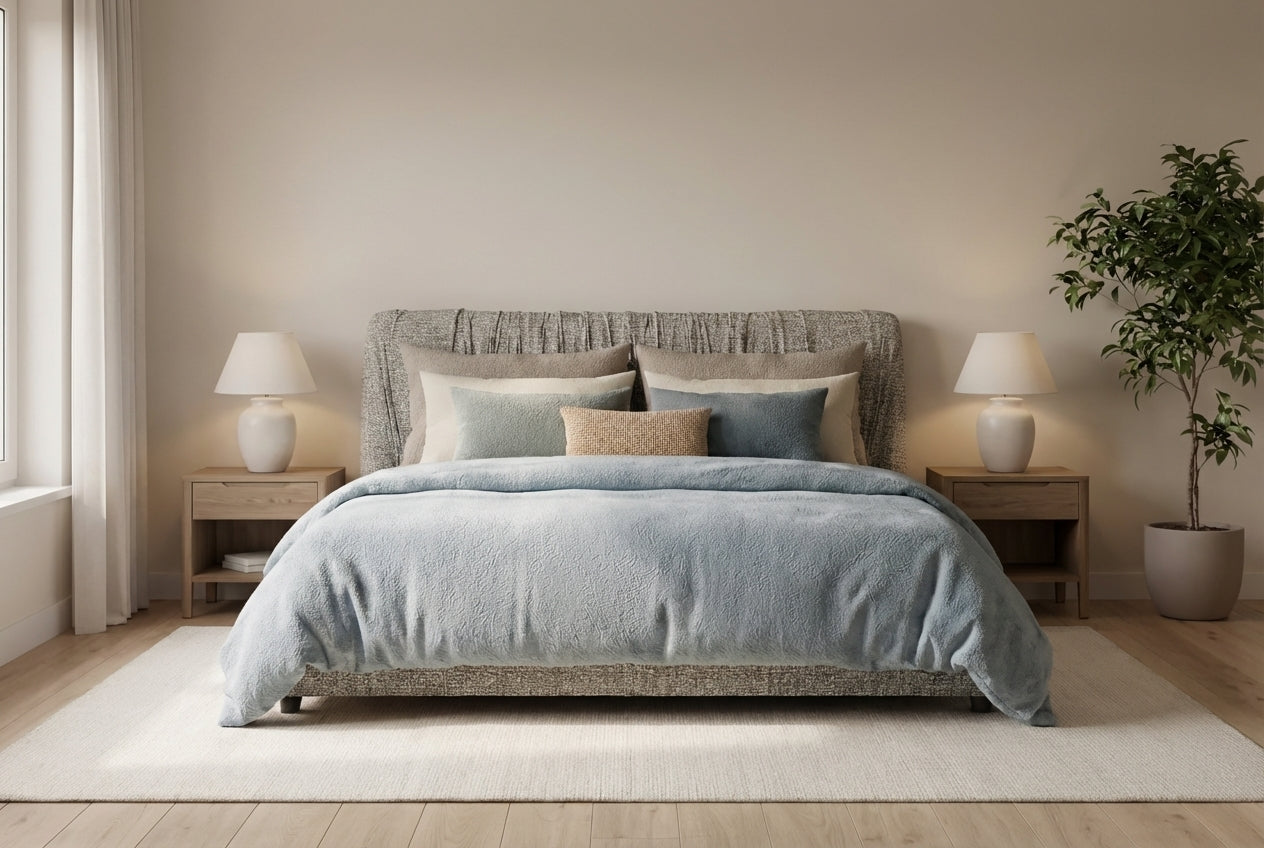 Araco Atelier Axis upholstered bed in Ashlar fabric