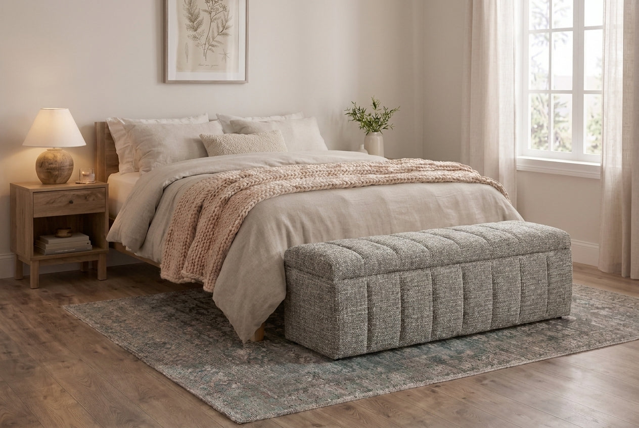 Araco Atelier Velour upholstered bench in Ashlar fabric