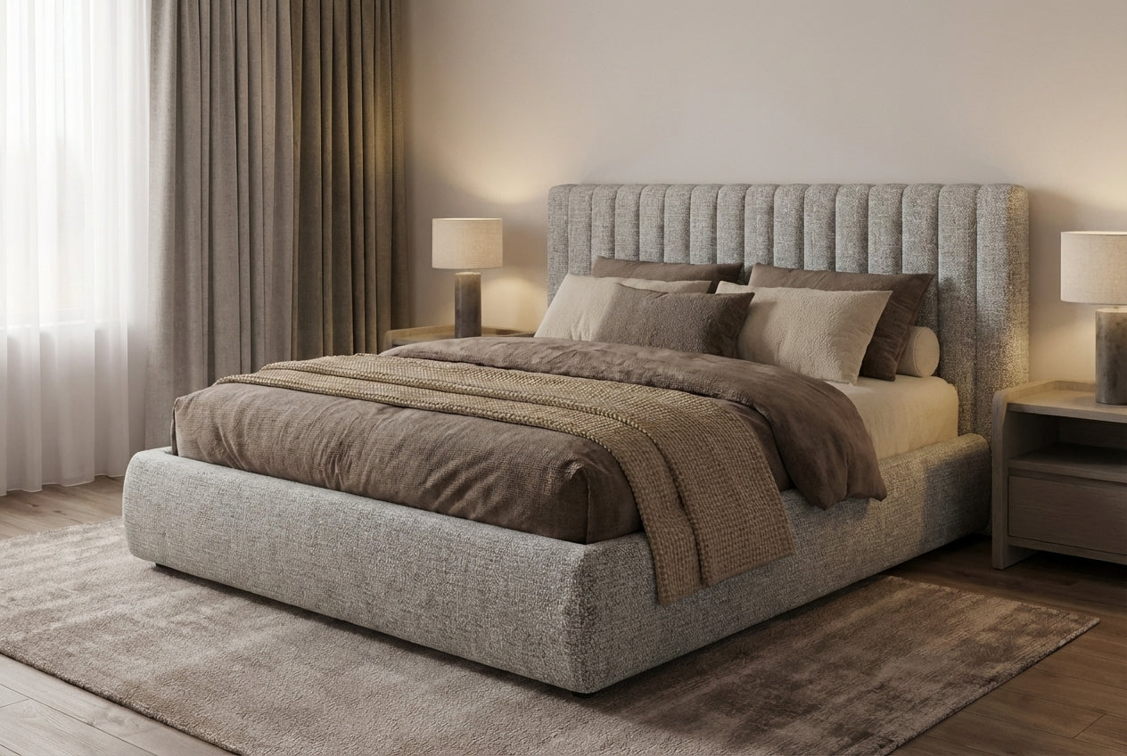 Araco Atelier Haven upholstered bed in Ashlar fabric