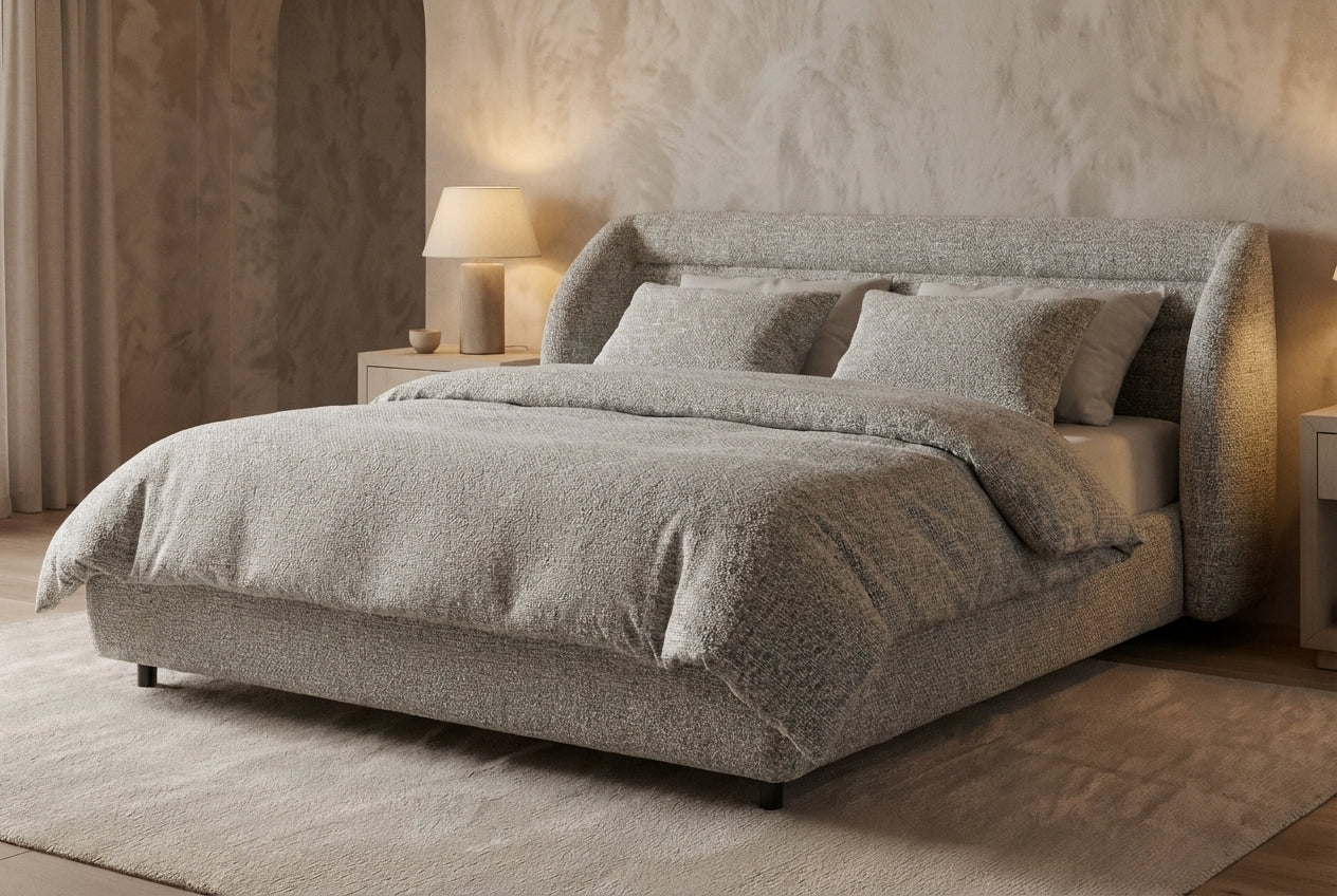 Araco Atelier Drift upholstered bed in Ashlar fabric