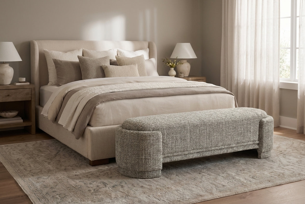 Araco Atelier Luma upholstered bench in Ashlar fabric