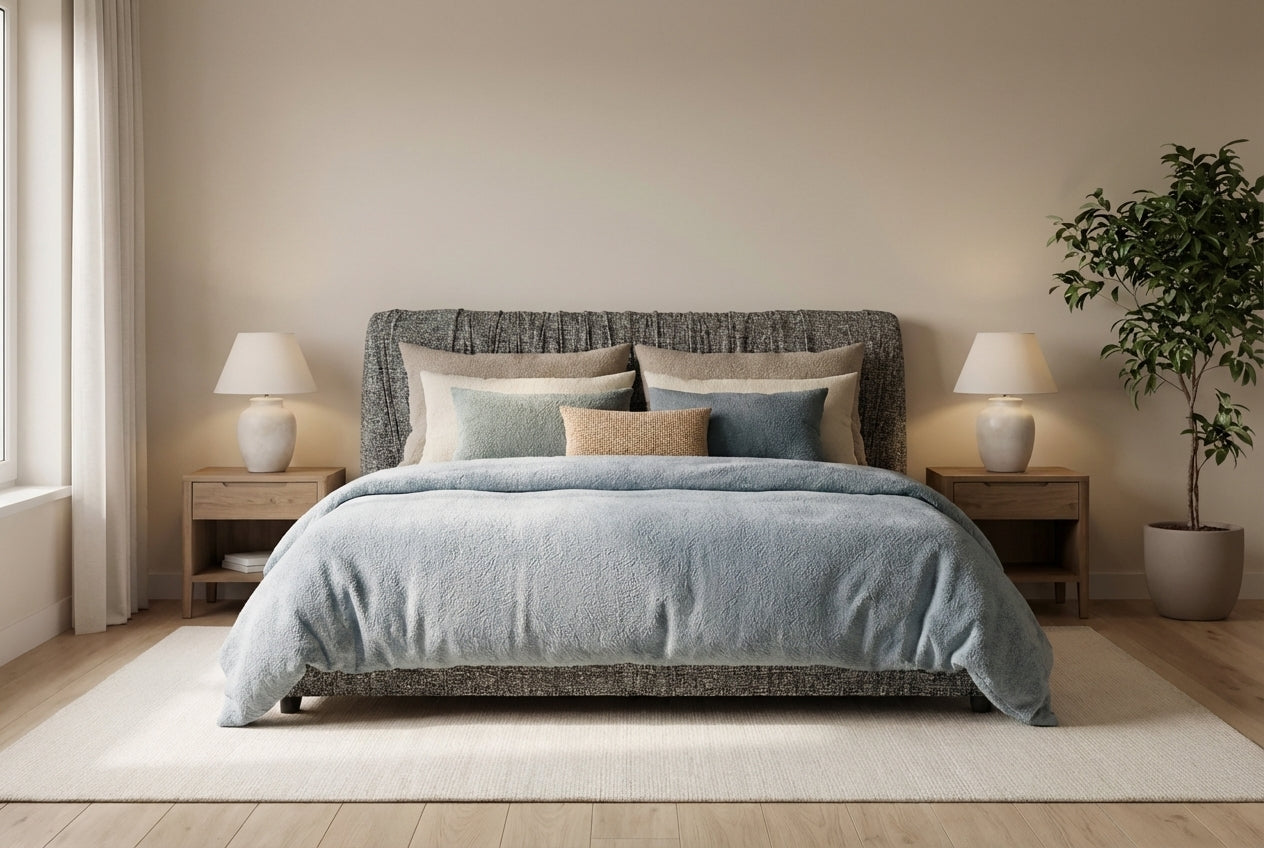 Araco Atelier Axis upholstered bed in Cinder fabric