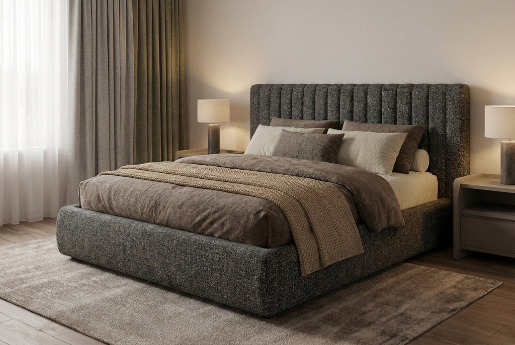 Araco Atelier Haven upholstered bed in Cinder fabric