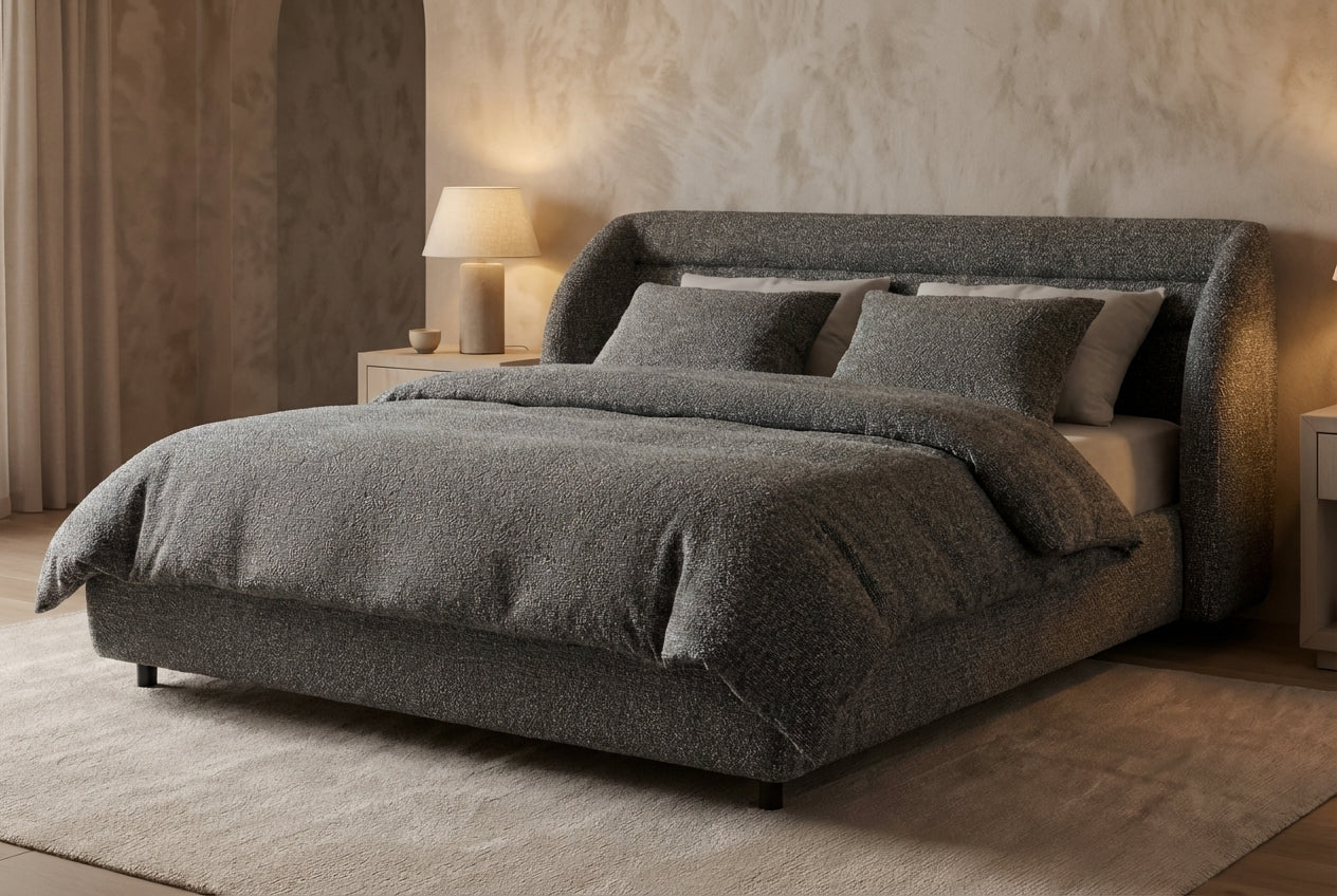 Araco Atelier Drift upholstered bed in Cinder fabric