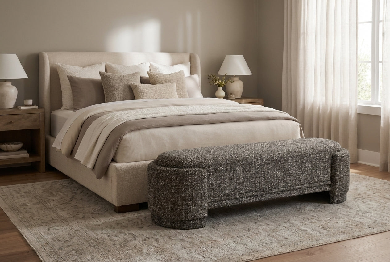 Araco Atelier Luma upholstered bench in Cinder fabric