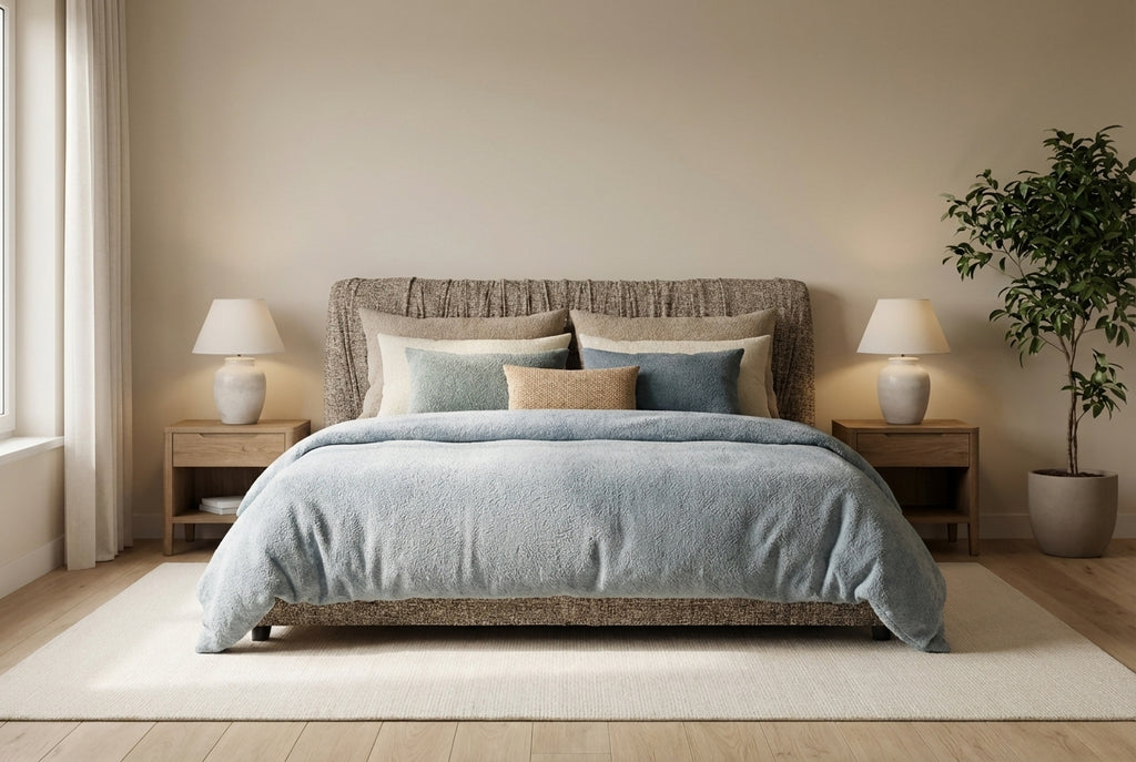 Araco Atelier Axis upholstered bed in Pebbles fabric