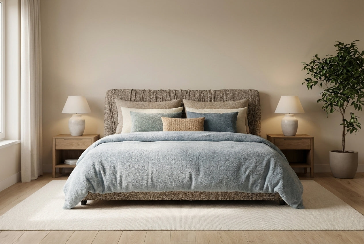 Araco Atelier Axis upholstered bed in Pebbles fabric