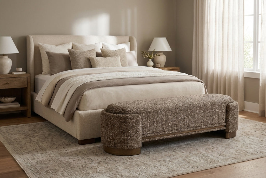 Araco Atelier Luma upholstered bench in Pebbles fabric