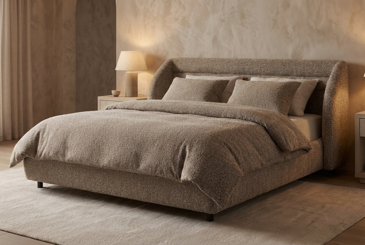 Araco Atelier Drift upholstered bed in Pebbles fabric
