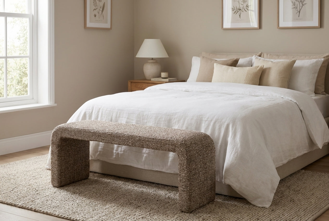 Araco Atelier Mode upholstered bench in Pebbles fabric