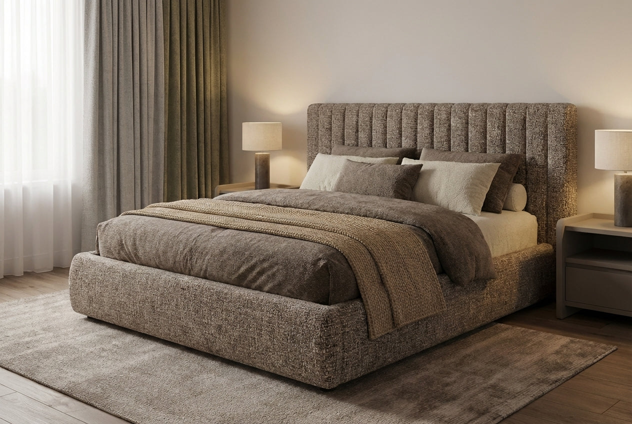 Araco Atelier Haven upholstered bed in Pebbles fabric