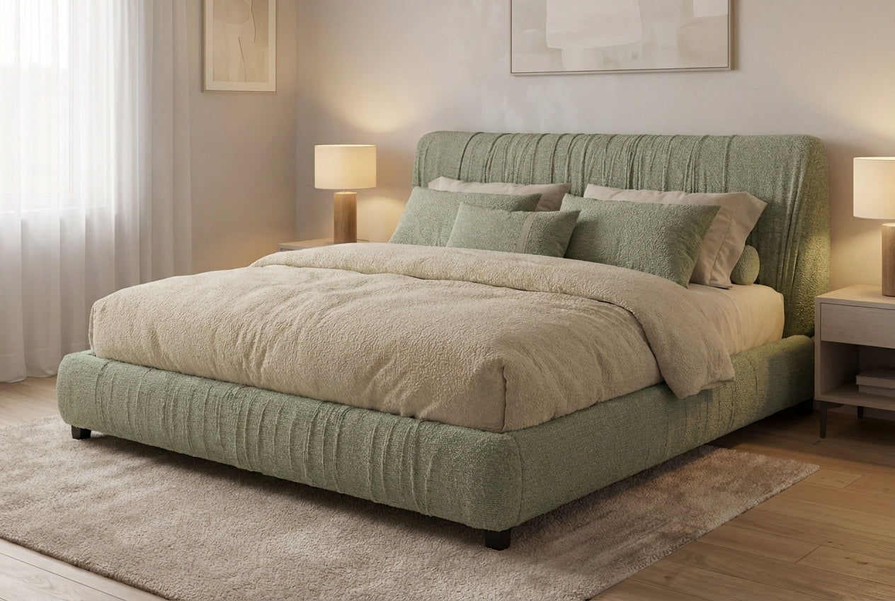 Araco Atelier Axis upholstered bed in Laurel fabric