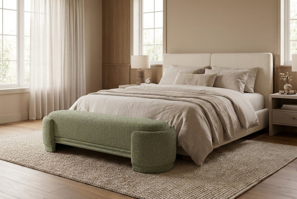 Araco Atelier Luma upholstered bench in Laurel fabric