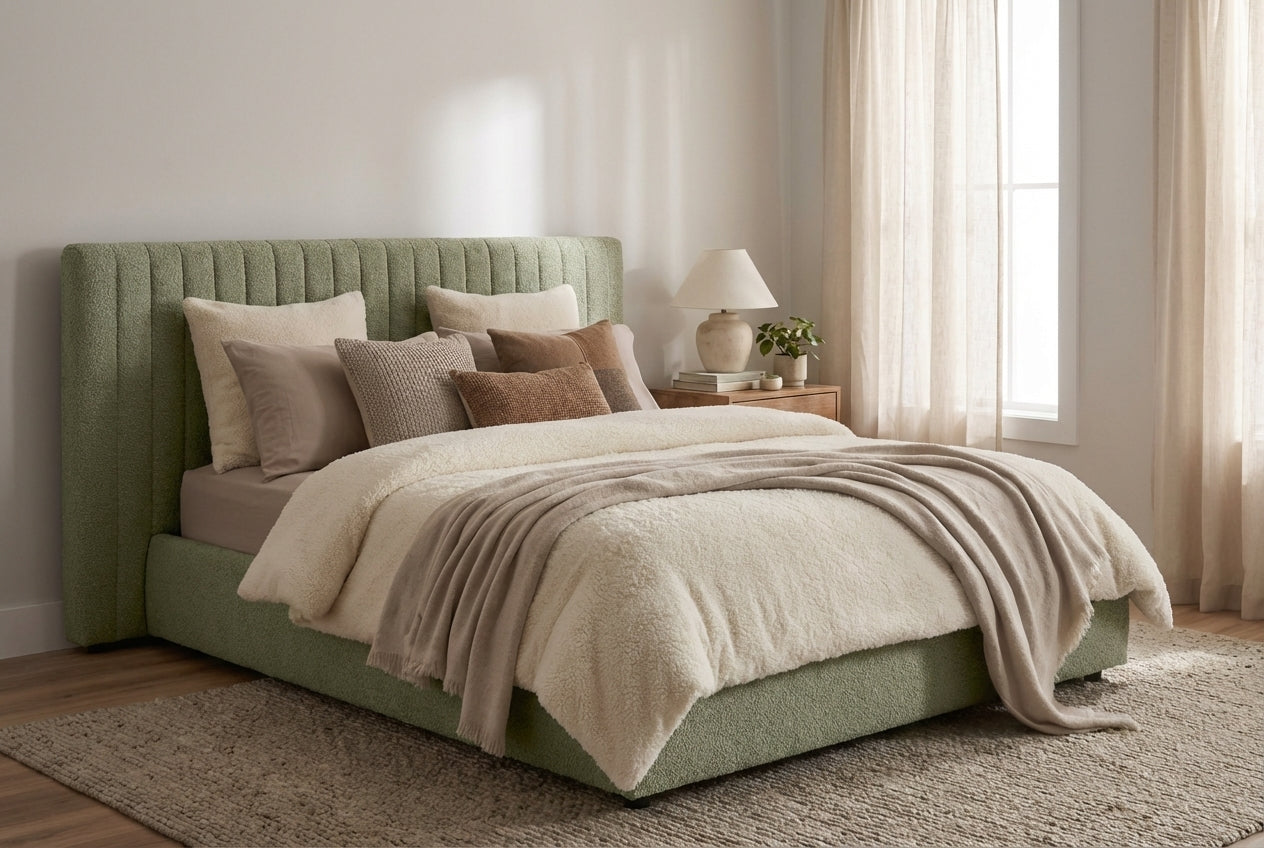 Araco Atelier Haven upholstered bed in Laurel fabric