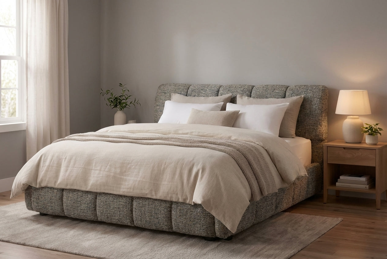 Araco Atelier Nocta upholstered bed in Speckle fabric
